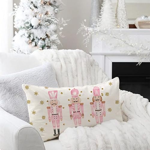 Pink Nutcracker Christmas Pillow Cover 12x20 Inch - Farmhouse Holiday Decor