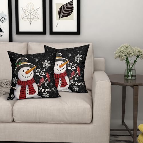 Christmas Black Pillow Covers 18x18 Inch Snowman Snowflake Set of 2 - Holiday Home Decor