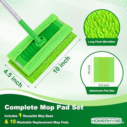 Green Microfiber Mop Pads for Swiffer Sweeper - 1 Base & 10 Reusable Refills