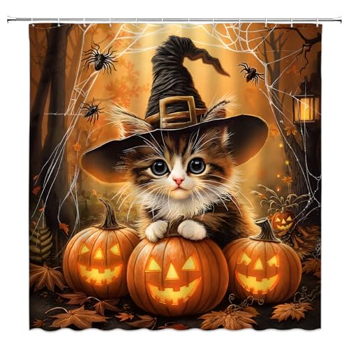 Halloween Cat Shower Curtain - 70x70 Inch Pumpkin Design