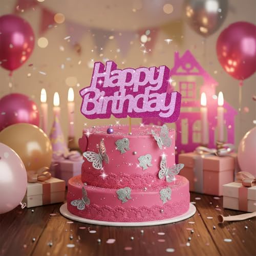 Hot Pink Glitter Happy Birthday Cake Topper - Sparkly Party Decor