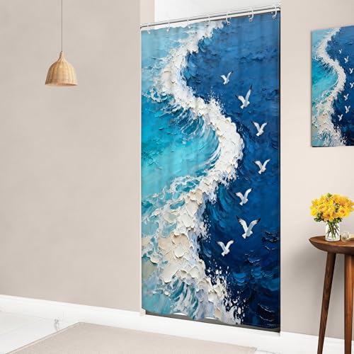 Waterproof Blue Teal Beach Wave Shower Curtain Set - 36" x 72"