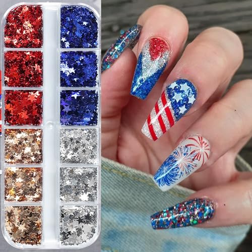 Independence Day Star Nail Glitter Kit - 12-Grid Holographic Pentagram Sequins