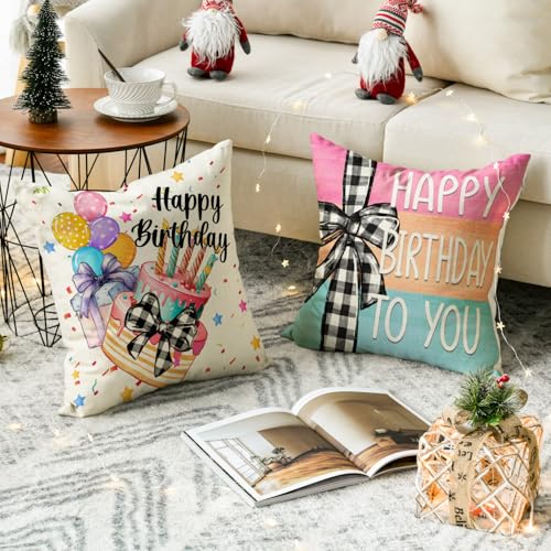 Happy Birthday Throw Pillow Covers Set of 4 - 18x18 Polyester