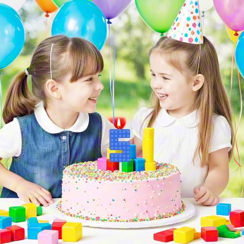 Blue Number 5 Birthday Candle - Building Block Cake Topper