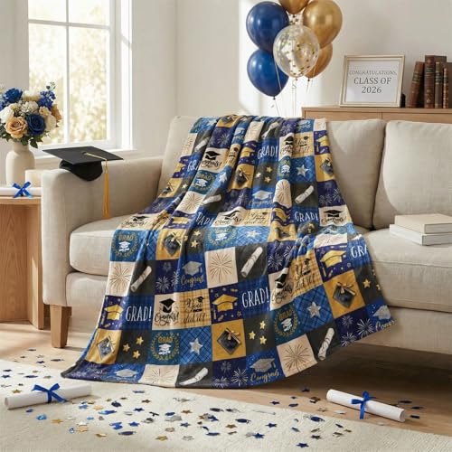 Graduation Flannel Blanket Throw - Blue 50x60, Cozy Fleece Gift