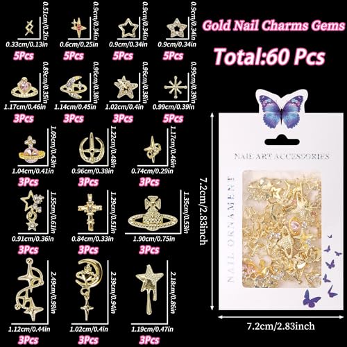 COOSLIM 60PCS Gold Nail Charms 3D Y2K Star Saturn Nail Rhinestone Gems