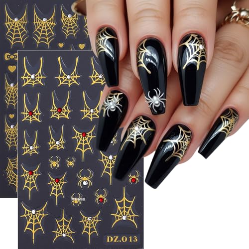 KAICCOSO 5D Embossed Spider Web Nail Stickers 4Pcs Self-Adhesive Cobweb Decals