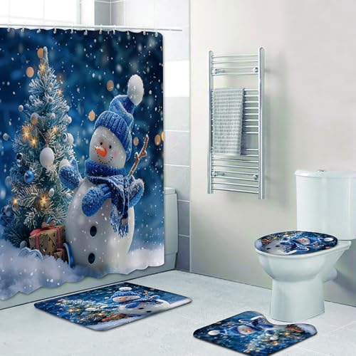 Blue Christmas Shower Curtain Set with Snowman Santa Holiday Bath Rugs & Hooks