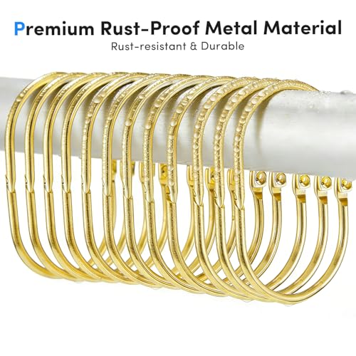 Gold Shower Curtain Hooks - Rust Proof Metal Rings, Set of 12