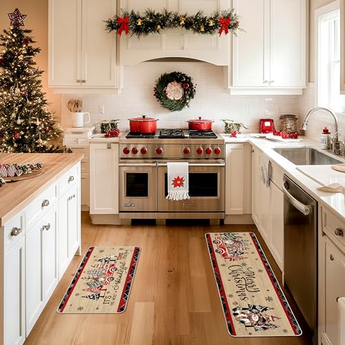 Christmas Kitchen Rugs Set of 2 Faux Wood Grain Runner Floor Mats - Holiday Decor