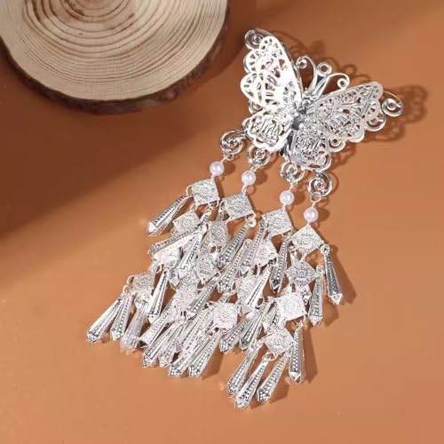 CUTEZING Butterfly Hair Claw Clip with Long Tassel Silver Metal Hair Pin