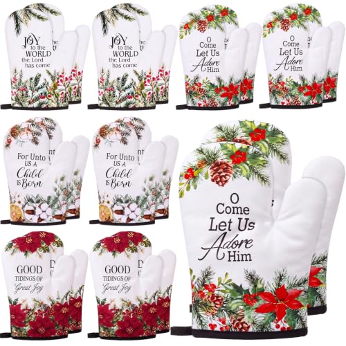 Christian Christmas Oven Mitts Set - Poinsettia Bible Verse & Holiday Floral Design, 4 Pairs