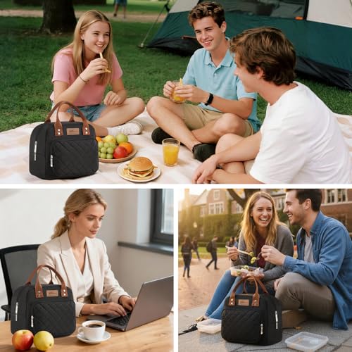 HOMESPON Black Insulated Lunch Bag - Water Resistant Tote with Pockets