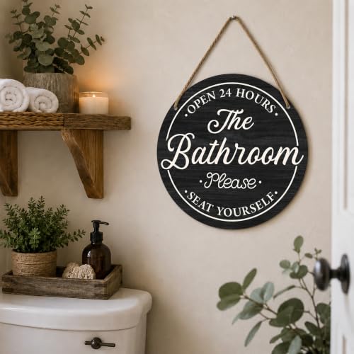Rustic Round Wooden Bathroom Sign - Open 24 Hours, Black