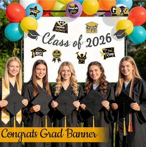 Class of 2026 Graduation Decorations Kit - Black & Gold Banner & Cutouts