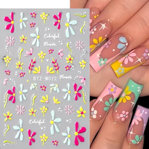 3D Floral Nail Stickers Embossed Cherry Blossom Daisy Decals - 3 Pcs
