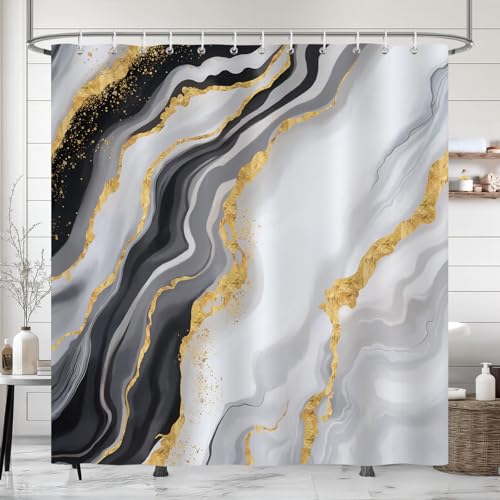 Luxury Black and Gold Marble Shower Curtain, 72x72, Waterproof