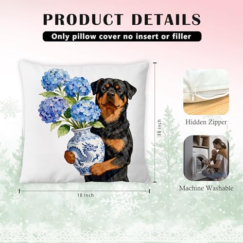 Rottweiler Chinoiserie Hydrangea 18x18 Flannel Throw Pillow Cover (Dog-pillow)