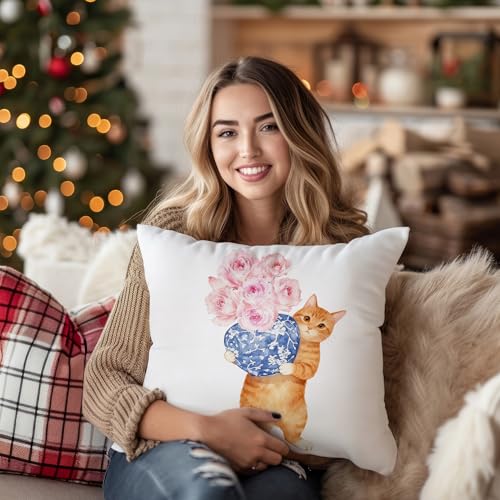 Exqcom Chinoiserie Orange Tabby Cat Flannel Throw Pillow Cover 18x18