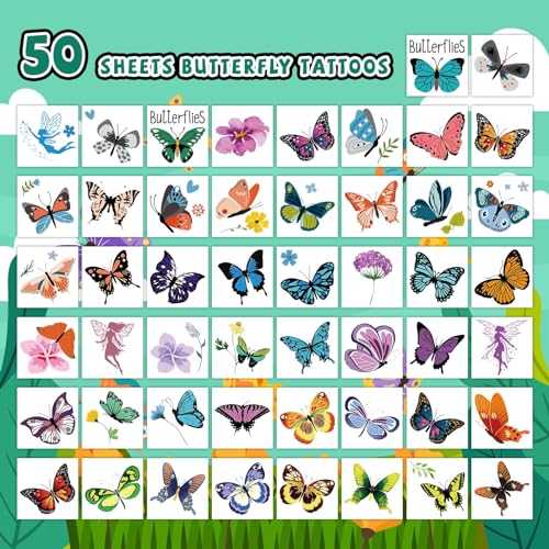 EMOME 50 Sheets Butterfly Temporary Tattoos for Girls Birthday Party Favors