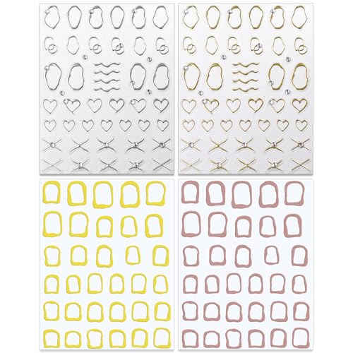IDDFEVE Geometric Nail Art Stickers Rhinestone Gold Minimalist Decals 4 Sheets