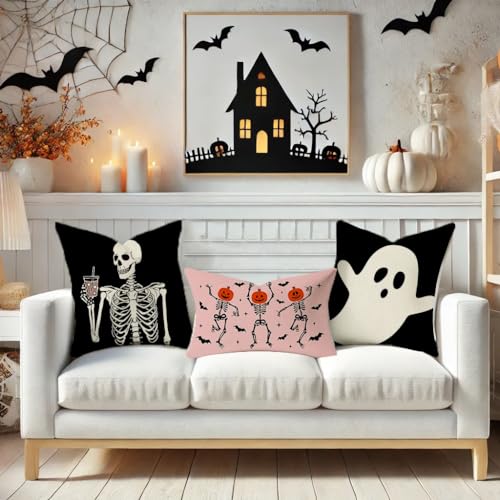 Halloween Dancing Skeleton Throw Pillow Cover 12x20 Inch Lumbar Case