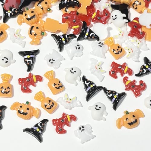 50Pcs Halloween Nail Charms Resin Flatback Pumpkin Ghost Bat Rhinestones