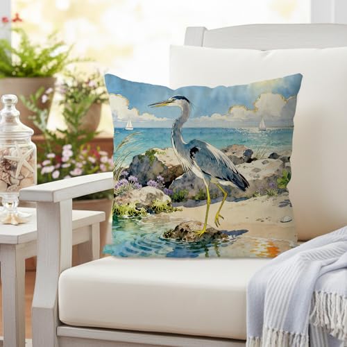 GAGEC 18x18 Inch Blue Heron Pillow Cover for Summer Decor