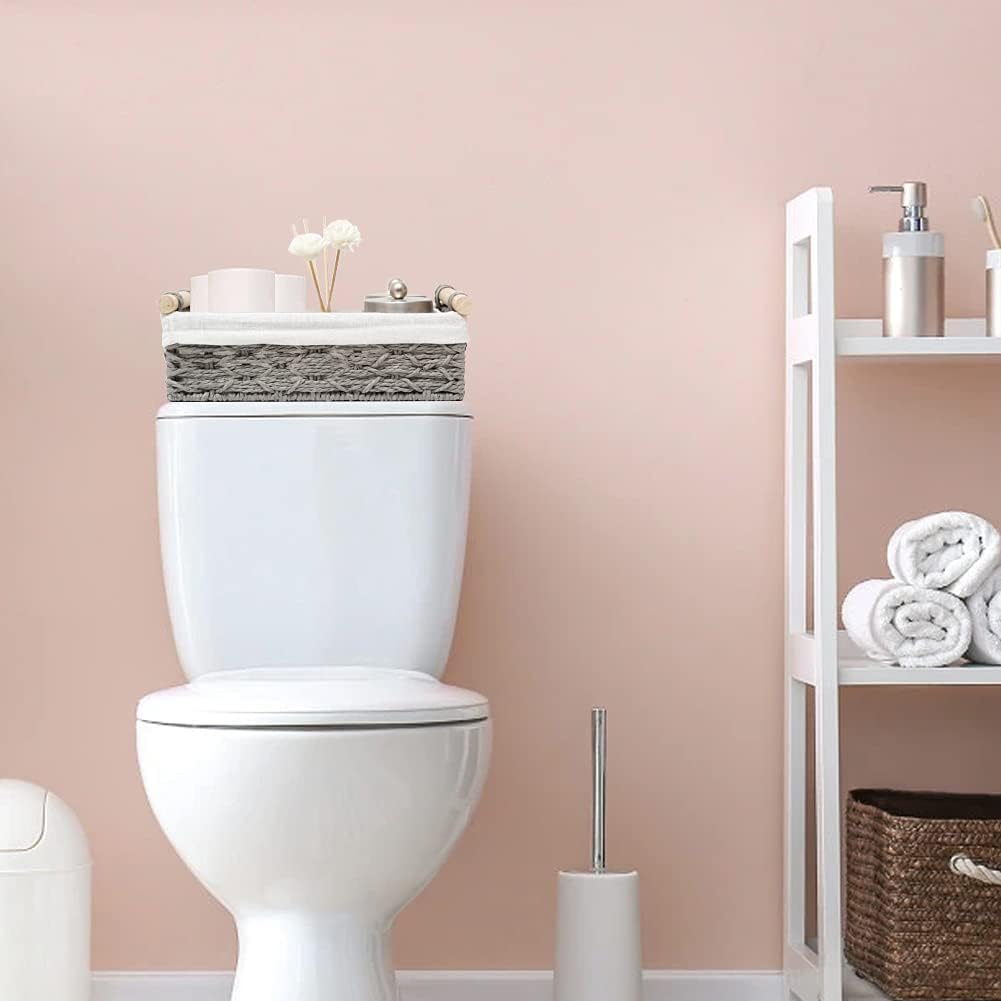 Skiennix Wicker Storage Baskets - Stylish Organizing Bins for Counter & Toilet Paper | Set of 2, Grey