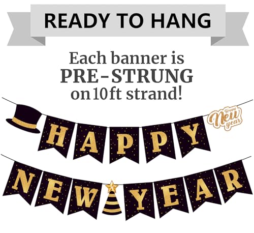 Happy New Year 2026 Banner - Elegant Black & Gold Party Decoration