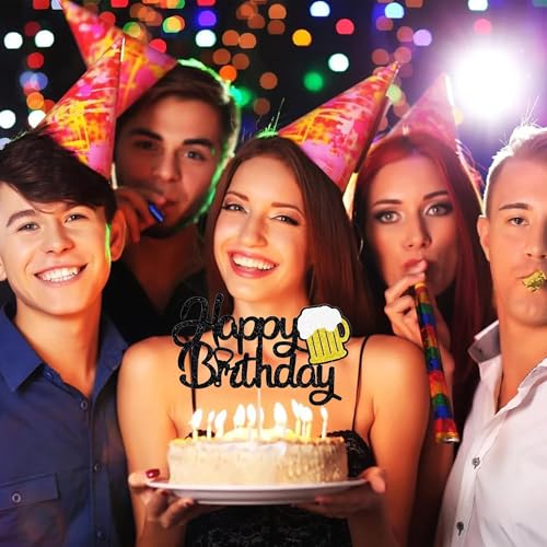 Beer Birthday Cake Topper - Black Glitter Decoration for Parties