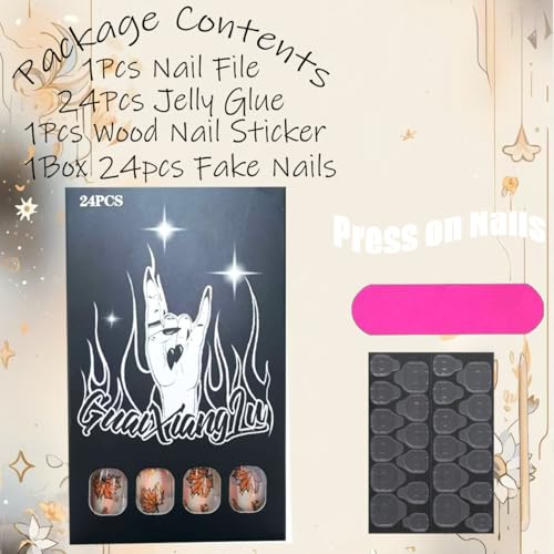 Fall Press on Nails Short Square False Nails Maple Leaf Gold Leaf Acrylic Nails 24Pcs