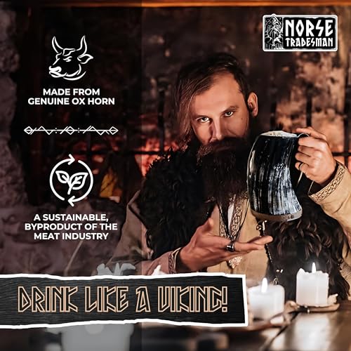 Viking Horn Mug - Light 16 oz, Authentic Ox Horn Drinking Vessel with Rustic Sack