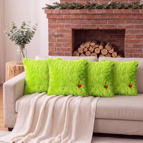 Christmas Elf Faux Fur Pillow Covers 18x18 Inches - Set of 2 - Green