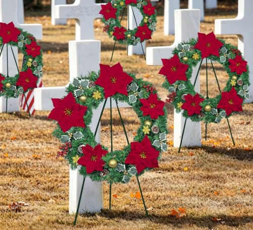 Artificial Cemetery Wreath - 24 Inch Outdoor Grave Decoration with Poinsettia for Winter Remembrance