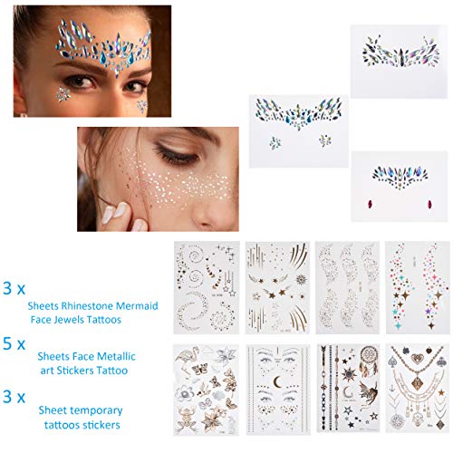 Kare & Kind Temporary Flash Tattoos, Metallic Face Stickers & Rhinestone Jewels