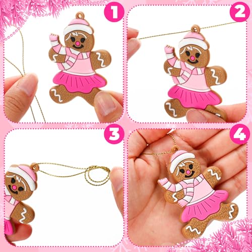 Pink Gingerbread Man Christmas Ornaments Set of 24 - Holiday Tree Decorations