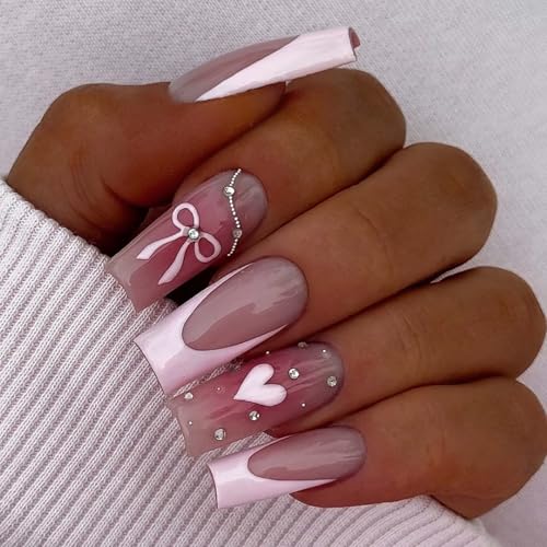 French Tip Press on Nails Medium Square with Heart Bow and Rhinestones