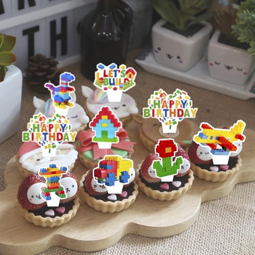 Building Block Cupcake Toppers - 24-Piece Brick Themed Party Decorations