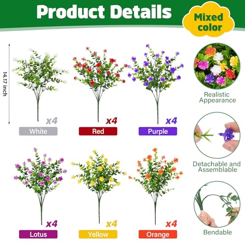 Besteek 24-Bundle Artificial Flowers, UV Resistant Mixed Color Faux Plants