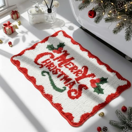 Dunzy Christmas Scalloped Bathroom Rug Bath Mat Beige - Merry Christmas Variation