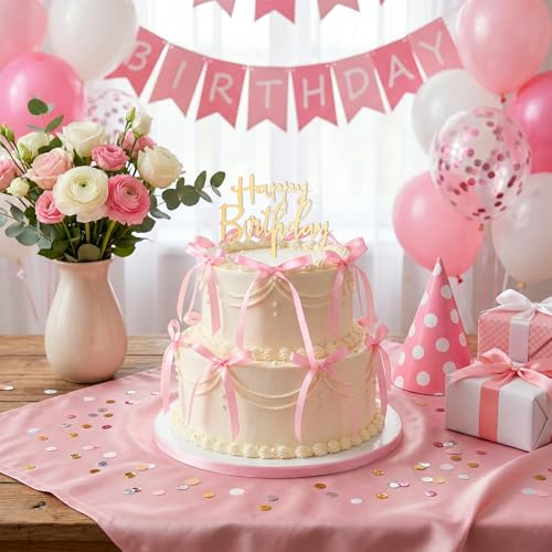 14-Piece Black and Pink Ribbon Bow Cake Toppers with Happy Birthday Sign