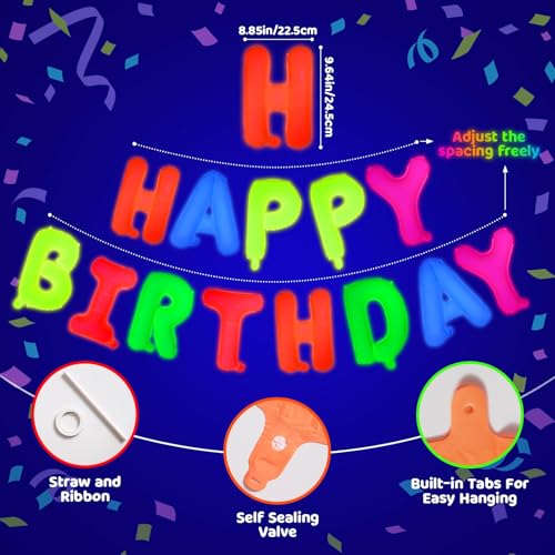 Glow in the Dark Happy Birthday Balloons - 16 Inch Neon Party Decor