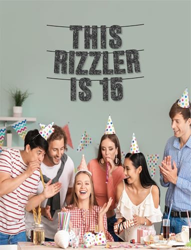 This Rizzler is 15 Black Glitter Banner, Funny Gen Z Slang Birthday Decor
