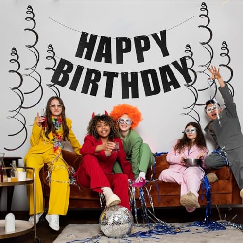 Black Glitter Happy Birthday Banner with Hanging Swirls - 7pcs Set
