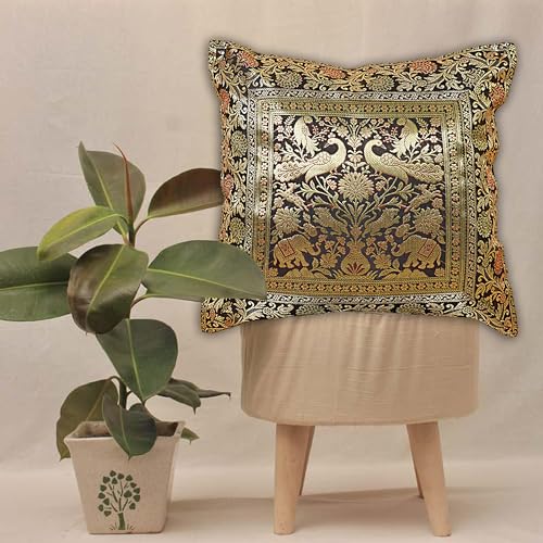 Bohemian Elephant Silk Cushion Cover 16x16 Inch - Black