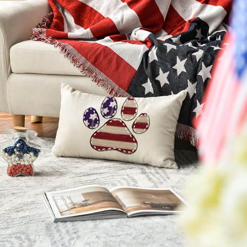 Patriotic Dog Paw Stars Throw Pillow Cover - 12x20 Inch
