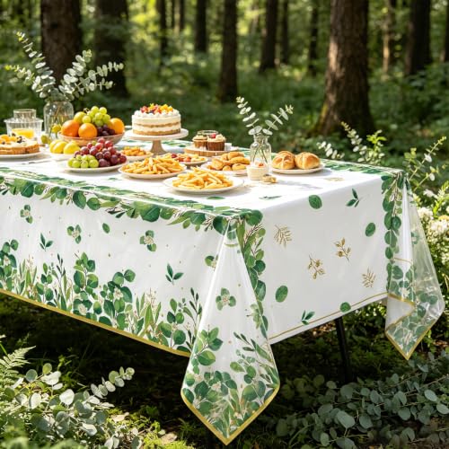 TJYJOY 3-Pack Sage Green Eucalyptus Leaf Plastic Tablecloths 51x86 In