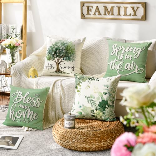 Hello Spring Tree Throw Pillow Covers Set of 4 - 18x18 Inch Eucalyptus Design